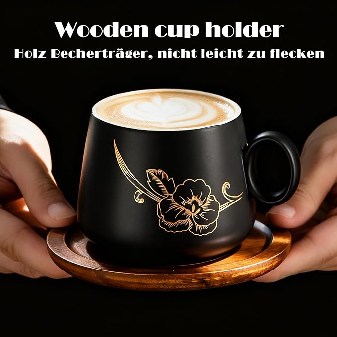 Yundu 10oz Cappuccino Cups & Wooden Saucers Set with Gold Floral Art, Latte Art Cup for Espresso, Coffee & Tea, Modern Matte Black Ceramic Tea Cup Set of 4