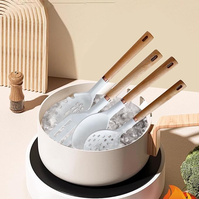 Silicone Cooking Utensils Set, Kitchen Utensils Set 13 Pcs for cooking, BPA Free Spatula Set with Heat Resistant Wood Handles for Nonstick Cookware (White)