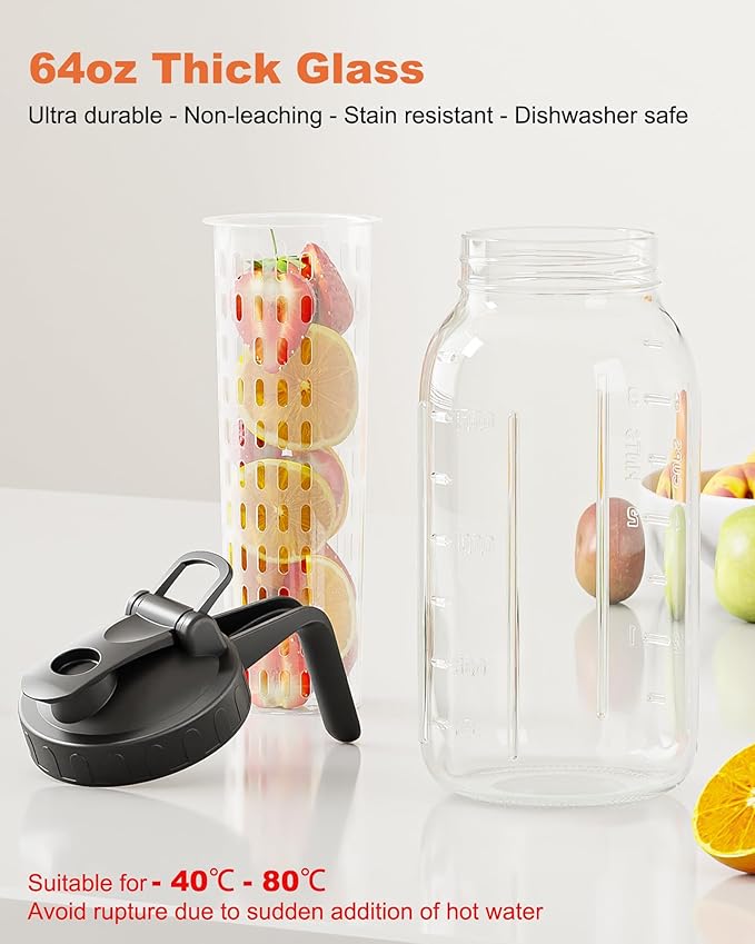 64oz Mason Jar Pitcher with Fruit Tea Infuser – Airtight & Leakproof Glass Pitcher with Lid, Perfect for Iced Tae, Sun Tea and Cold Brew, 2 Quart (1/2 Gallon) Wide Mouth Mason Jar with Pour Spout Lid