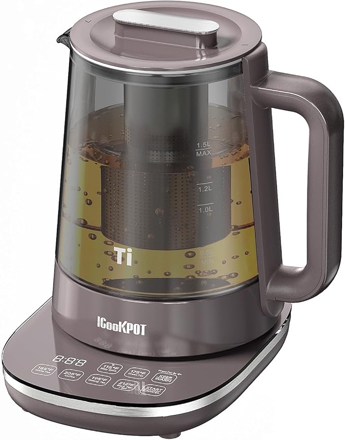 1500W Titanium Hot Tea Maker Glass Electric Kettle with Infuser and Temperature Control, 1.5L Tea Maker Rapid Boiling,Programmable Control for your Favorite Teas and Coffee, Brown