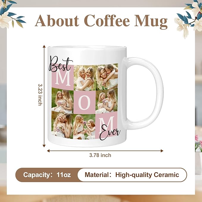 Custom Christmas Coffee Mug Gifts for Mom,11oz Personalized Ceramic Mama Cup with Photo Text & Birth Flower, Customized Birthday Gift for New Moms (Mom-6 Photos)