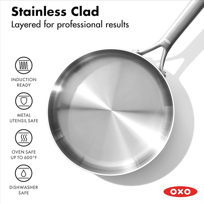 OXO Mira Tri-ply Stainless Steel, 10 Piece Cookware Pots and Pans Set, Skillets, Saute, Saucepans, Lids,Incl Ceramic Nonstick Frying Pan,Induction,Multi Clad,Metal Utensil Safe,Dishwasher & Oven Safe