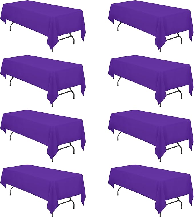 BRILLMAX 8 Pack Purple Tablecloths 60 x 126 Inch for 8ft Rectangle Tables - 150 GSM Polyester Fabric, 15" Standard Drop, Water, Stain & Wrinkle Resistant Cloth Cover for Wedding Dining Buffet