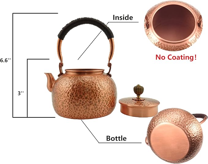 Funmaker Handmade Solid Copper Tea Pot Kettle Stovetop Teapot Thick Hammered Copper Tea Pot Kettle Stovetop Teapot Made for gasstove tops pure copper kettle (Type 1-600ml)