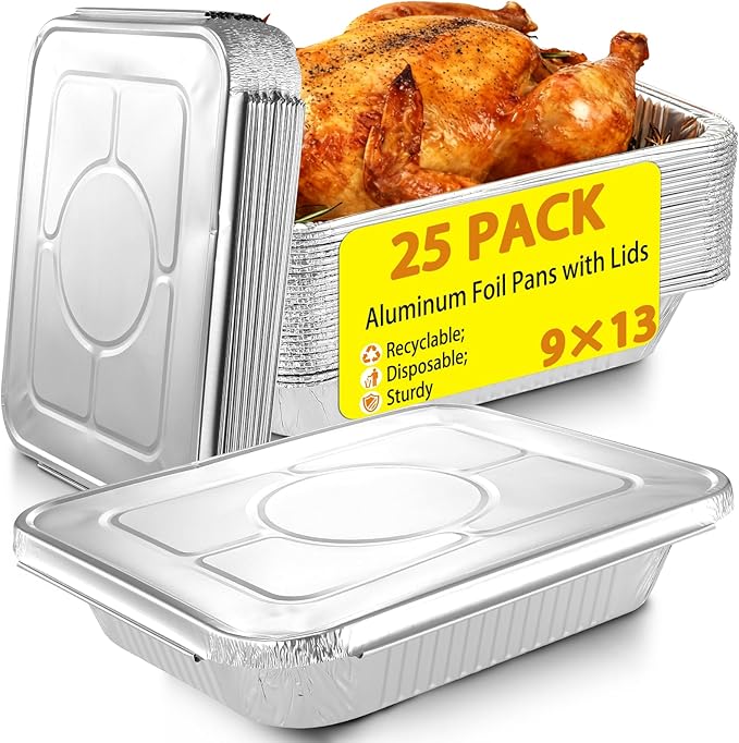 9x13 Aluminum Foil Pans with Lids - 25 Pack Disposable Half Size Deep Steam Table Tin Foil Pans for Oven Baking Cake, Roasting, Food Prepping, Storing, Freezing, Chafing