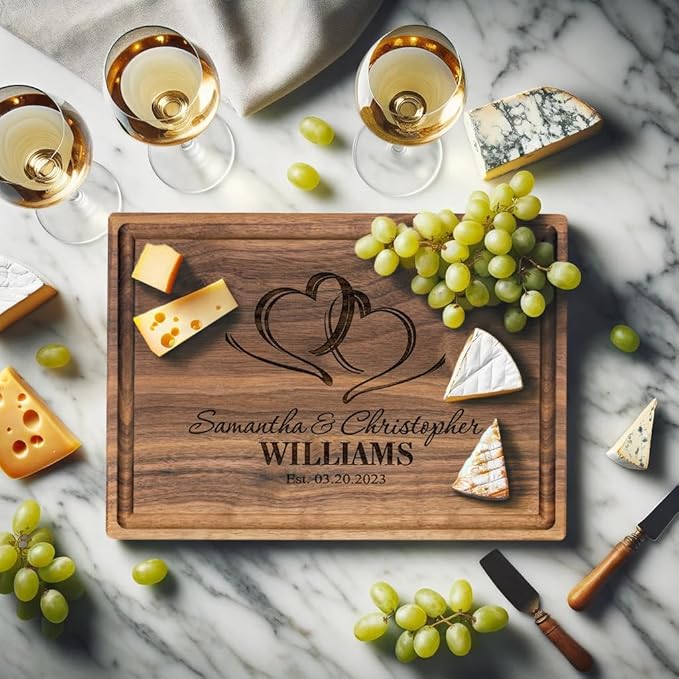 Personalized Cutting Board, Custom Wedding, Anniversary or Housewarming Gift Idea, Wood Engraved Charcuterie, for Newlyweds and Couples, Two Hearts Design 027