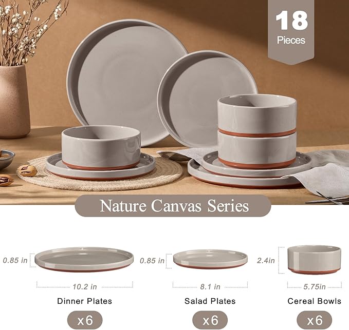 LIANYU 18 Piece Dinnerware Sets for 6, Modern Style Stoneware Dinnerware Set, Scratch Resistant, Dishwasher Safe Bowl and Plate Sets, Ceramic Dish Dinner Set, Terra Brown