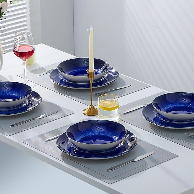 Bestone 12-Piece Round Porcelain Dinnerware Set, Service for 4, Chip Resistant Plates and Bowls, Starburst Turquoise Dark Blue, Dishwasher & Microwave Safe for Home Daily Use