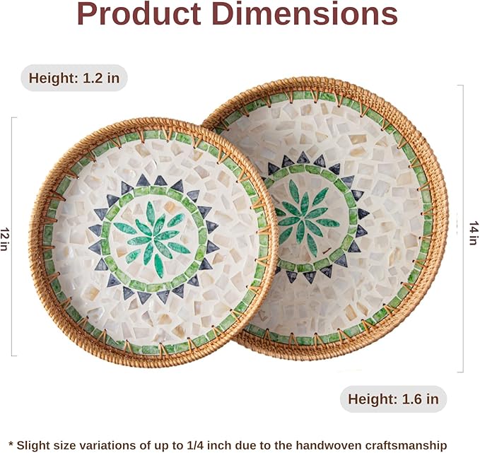 Round Rattan Tray Home Decor, 12'' Wicker Serving Tray with Mother of Pearl Inlay, Boho Decorative Tray for Coffee Table, Bathroom, Ottoman, Kitchen Table, Bathroom (Bohemian)