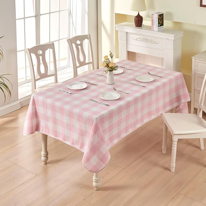 BALCONY & FALCON Gingham Table Cloth Rectangle – Reversible Water-Resistant Cotton Checkered Tablecloth for Outdoor Picnic, Camping, Kitchen, Holiday Party Decor (Pink White, 57x118 Inch)