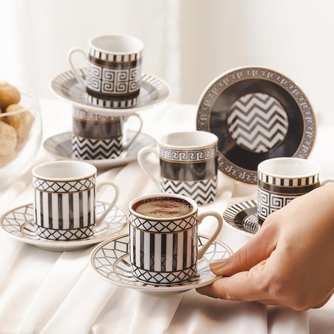 KARACA Helenistik Porcelain Turkish Coffee Cups Set for 6 People - 12 Piece Espresso Cup with Saucers - Drinking Serving Gift Set for Women - Ideal for Serving Turkish Coffee (Black and White, 80 ml)