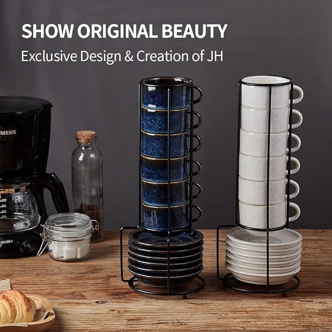 JIEMEI HOME Porcelain Stackable Espresso Cups with Saucers and Metal Stand,4 Ounce Demitasse Cups for Coffee Drinks, Latte, Tea - Set of 6, Stackable Espresso Mugs, Reactive Glaze, Bule