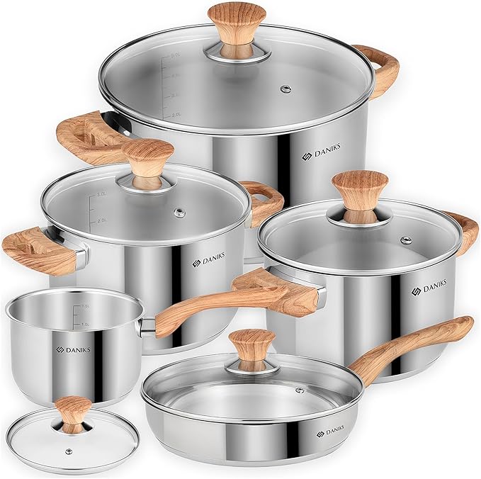 Daniks Oslo 10-Piece Stainless Steel Cookware Set with Glass Lids, Includes Saucepan and Frying Pan with Lid, Tri-Ply Bases for Even Heating, Induction Compatible, Dishwasher Safe, Bakelite Handles