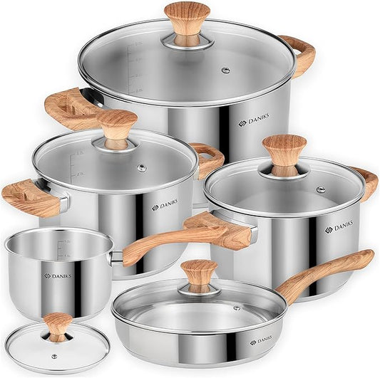 Daniks Oslo 10-Piece Stainless Steel Cookware Set with Glass Lids, Includes Saucepan and Frying Pan with Lid, Tri-Ply Bases for Even Heating, Induction Compatible, Dishwasher Safe, Bakelite Handles