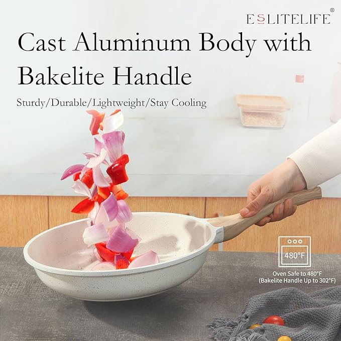 ESLITE LIFE Nonstick Ceramic Frying Pan Skillet with Lid, Non-Toxic Egg Omelette Kitchen Cooking Pans Compatible with All Stovetops (Gas, Electric & Induction), PTFE & PFOA Free (White, 11" w/Lid)