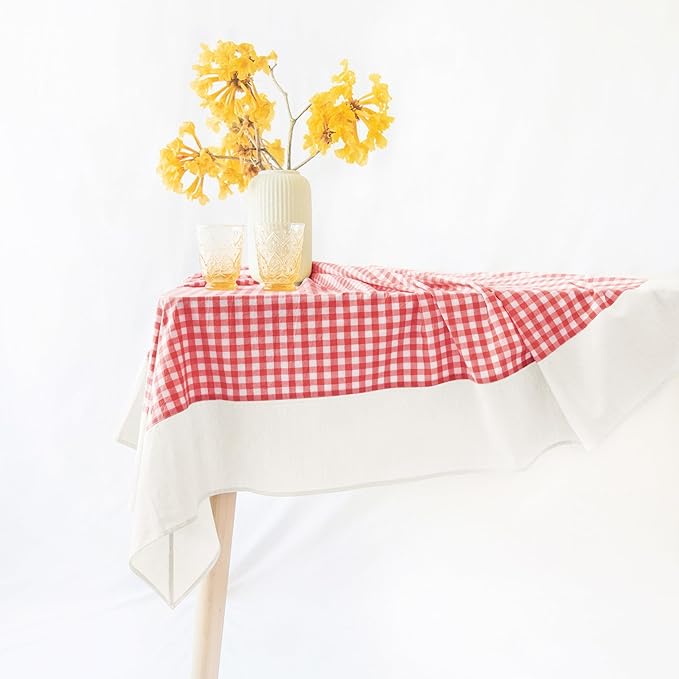 MONDAY MOOSE Gingham Checkered Farmhouse Rustic Picnic Style Decoration Square Natural Stonewashed Cotton Tablecloth for Kitchen, Dining Room, Restaurant (60" Square, Red/White)