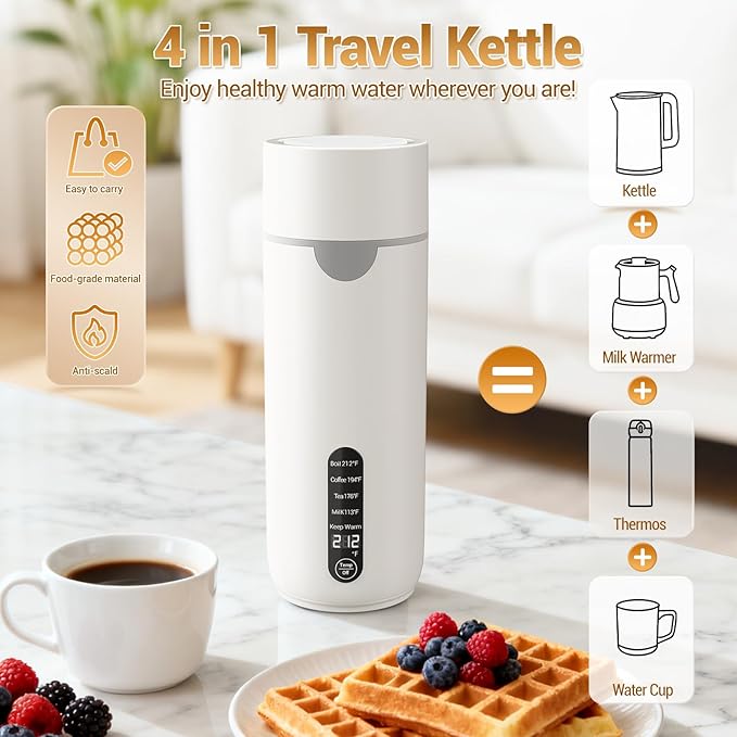 Travel Kettle, Portable Travel Tea Electric Kettle for Hot Water, Small Kettle with 4 Temperature Controls, 304 Stainless Steel, Fast Boiling Water with Auto Shut-Off (White, 400ML)