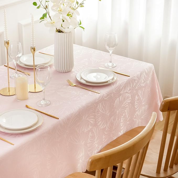 Rectangle Tablecloth Jacquard Pink Table Cloths Waterproof Washable Leaves Soft Woven Fabric Farmhouse Table Cover for Kitchen Dining Outdoor Birthday Party Banquet Decor (60x102In)