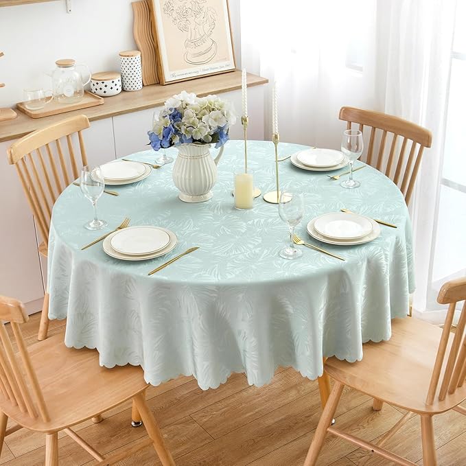 Round Tablecloth 80 Inch Fabric Table Cloth Leaves Pattern Scalloped Edge Silky Soft Tablecloth Waterproof Wrinkle Resistant Washable Table Cover Dinning Party Banquet Decoration (Aqua)