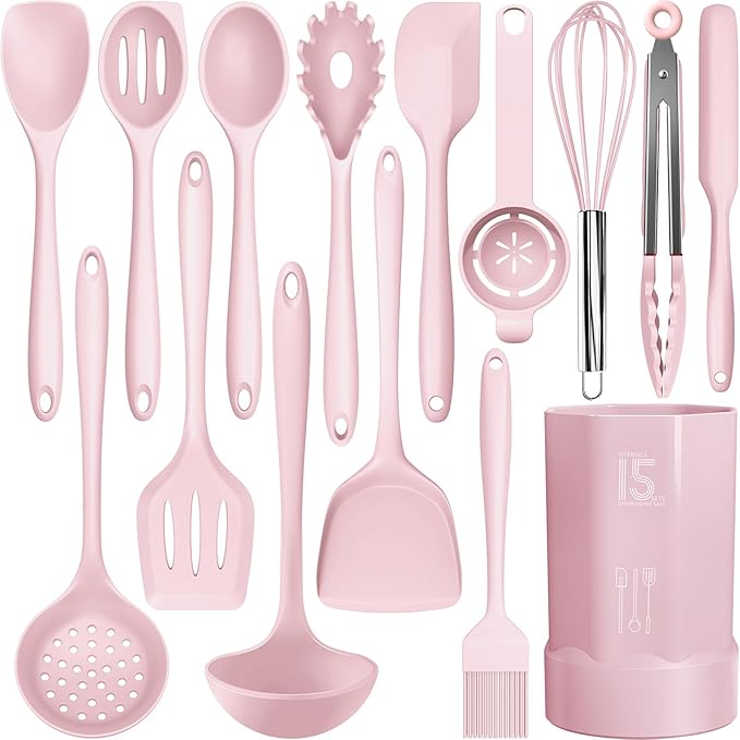 AOTHOD Silicone Cooking Utensils Set - 446°F Heat Resistant Kitchen Utensils, Spatula,Turner Tongs,Spoon,Whisk,Kitchen Utensil Gadgets Tools Set for Nonstick Cookware,Dishwasher Safe BPA Free(Pink)