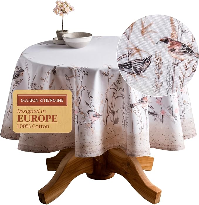 Maison d' Hermine Table Cloth Round Table 100% Cotton 63 Round Inches Tablecloth Reusable Decorative for Dining Room Farmhouse Home Valentines Day Decorations Spring Summer - Meadow Florals - Brown