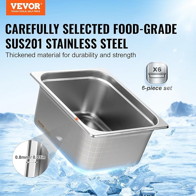 VEVOR 6 Pack Stainless Steel Hotel Pans - 1/2 Size 6-Inch Deep 0.8mm Thick Anti-Jam Commercial Food Pans for Steam Tables, Restaurants, Catering & Industrial Use