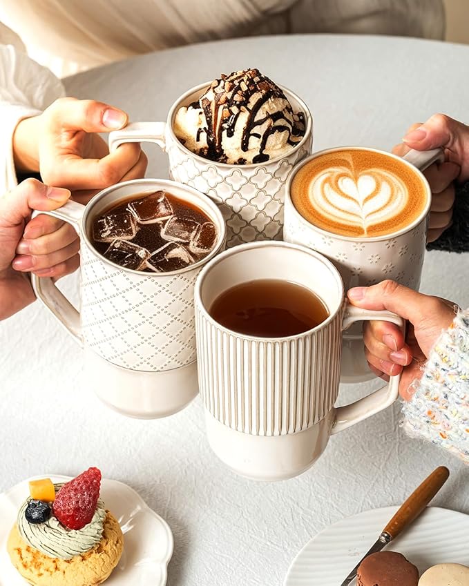 getstar Ceramic Coffee Mugs Set of 4 with Large Handles, Tall Coffee Cups 17OZ Gift Set for Men Women, Porcelain Mug for Latte, Hot Tea, Cappuccino, Milk, Cocoa, Microwave & Dishwasher Safe