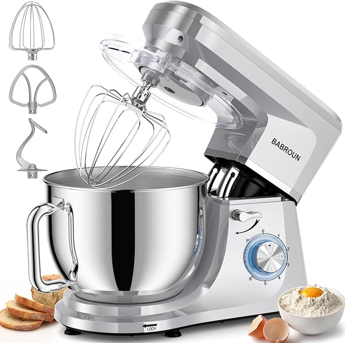 Dough Mixer 8.45 QT Electric Mixer - 660W 6 Speed Large Capacity Kitchen Stand Mixer with Whisk Dough Hook Mixing Beater Household Food Mixer for Baking Cakes Cookie Bread Salad(Silver)