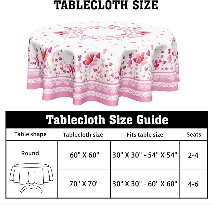 Valentine Round Tablecloth 70 Inch Pink Love Heart Floral Plants Circle Table Cloth Seasonal Holiday Valentine's Day Table Cover for Party Kitchen Dinner Home Decor