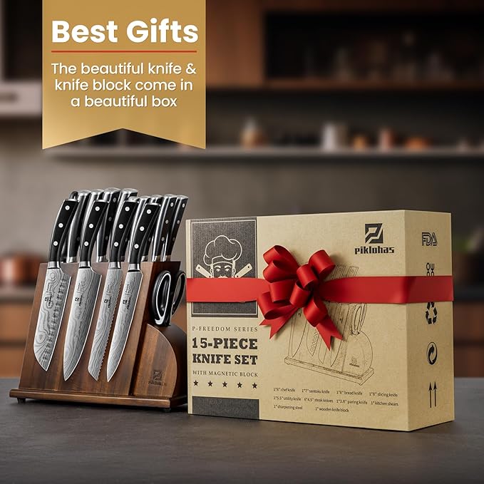 15 PC Magnetic Knife Sets for Kitchen with Block, Kitchen Knife Set Made of German High Carbon Stainless Steel Damascus Pattern as Gift for Couple, Wedding, Women or Mom with Gift Box