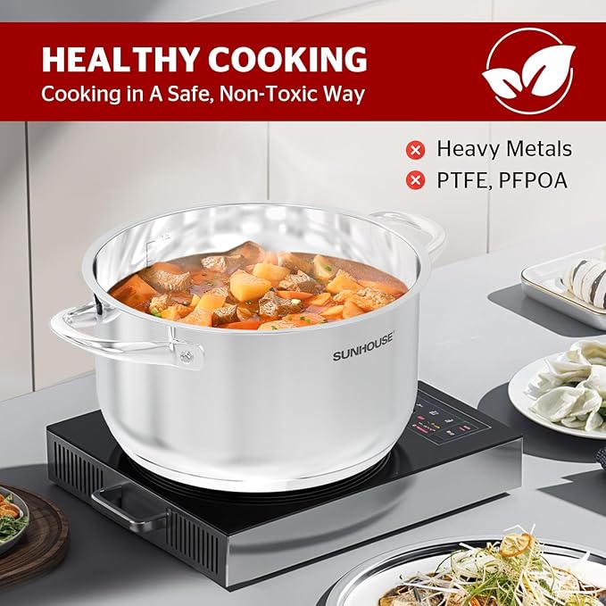 SUNHOUSE Stainless Steel Stock Pot - 15 Quart Heavy-Duty Induction Cooking Pot with Visible Lid for Pasta, Soup, Spaghetti - Nonstick Thick-Bottom Deep Stockpot for Canning, Boiling, and Simmering