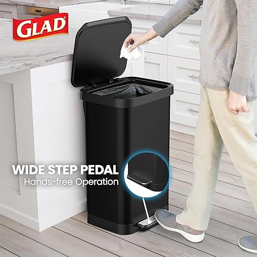 Glad Stainless Steel Step Trash Can, Series 2 with Clorox Protection - Large Black Kitchen Garbage Bin with Soft Close Lid, Foot Pedal and Waste Bag Roll Holder, 20 Gallon
