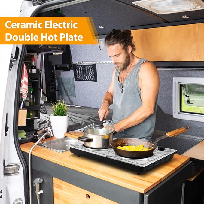 CUSIMAX Hot Plate, 1800W Double Burner Electric Hot Plate for Cooking, Dual Control Portable Infrared Stove Countertop Cooktop, Heat-up in Seconds, Stainless Steel White Marble