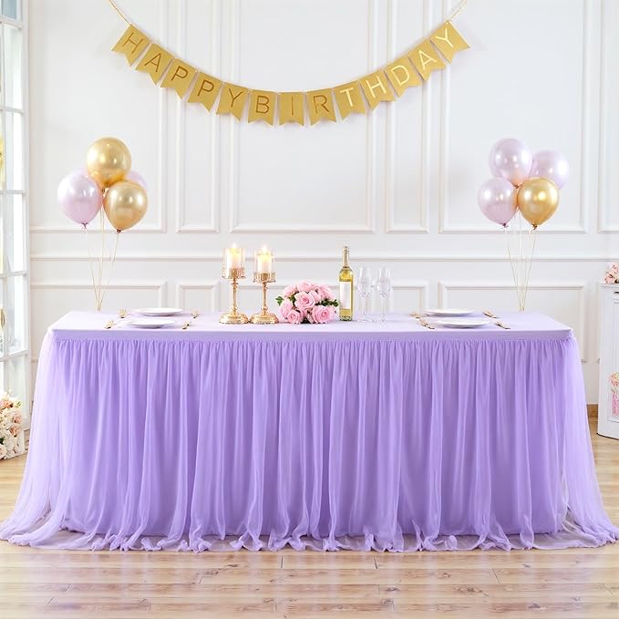 Suppromo 2 Pack 6ft Lavender Tulle Tablecloths for Rectangle Tables 6 Foot Rectangular Table Cloth Wrinkle Free Table Cover with Tutu Skirt for Wedding Baby Shower Birthday Party Banquet Buffet Cake