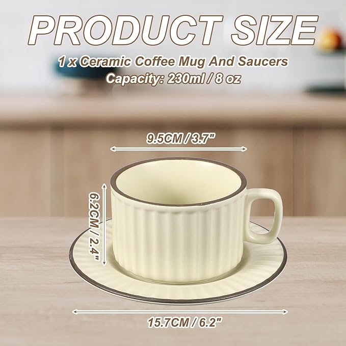 uxcell Handmade Vintage Espresso Cups, 8 oz Coffee Cups and Saucers Ceramic Tea Cup with Handle Dishwasher and Microwave Safe for Latte Cappuccino Milk Office Home Gifts, Cream