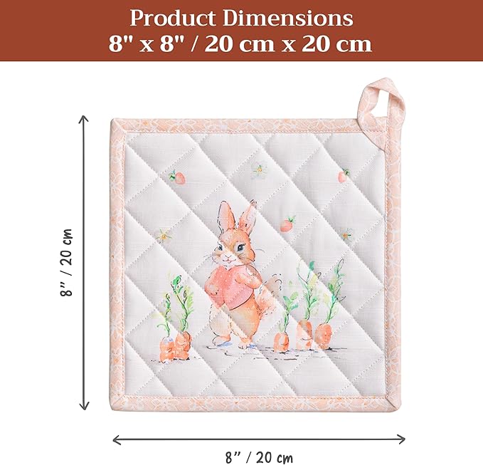Maison d' Hermine Pot Holders 100% Cotton Heat Resistant Potholders 8" x 8" Hot Pads with Loop BBQ, Cooking, Baking, Grilling, Kitchen, Handling Hot Pans Spring/Summer (Pack of 1, Bunny Party)