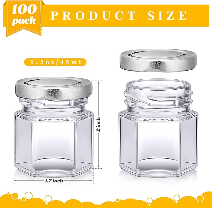Nuogo 100 Pack 1.5oz Mini Hexagon Glass Jars Bulk for Wedding Small Honey Jars with Lids for Spice Canning Mason Gifts Candy Honey Wedding Party Favors DIY Crafts(Silver)