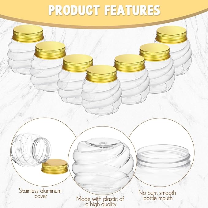 Suclain 25 Pcs 4 oz Mini Honey Jars Party Favors in Bulk Honeycomb Plastic Jars with Gold Lids Wide Mouth Canning Small Containers for Wedding Favors, Baby Shower DIY Gift Jelly Herb Jams Candy