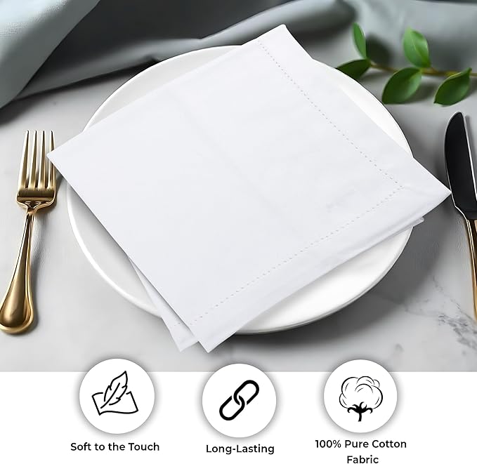 Urban Villa Cloth Napkins White Hemstitch Dinner Napkins Set of 12 (20X20) 100% Cotton Absorbent Washable Durable Reusable Ideal for Hotel Collection Farmhouse Parties Restaurant Lunch Dinner Napkins