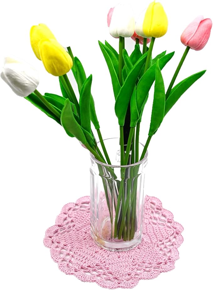 BIBITIME Handmade Crochet Round Lace Doilies Kitchen Table Placemats Wedding Tea Flower Vase Cup Mats (Pink, 6" to 7",Pack of 2PCS)