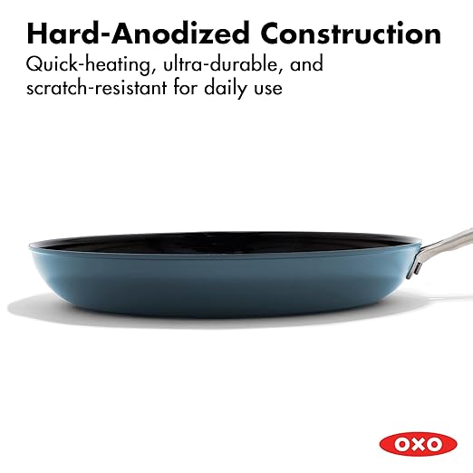 OXO Enhanced 12” Nonstick Frying Pan Skillet with Lid, Ceramic PFAS-Free Cookware, Durable Hard Anodized, Scratch Resistant, Stainless Steel Handle, Eggs & Omelets, Dishwasher & Oven Safe, Storm Blue