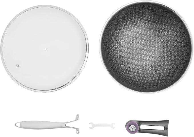 12.6 inch Stainless Steel Stir-fry Wok, Cooking Frying Pan, Non Stick Honeycomb Skillet with Stay Cool Handle, Class LId, Suitable for Induction, Ceramic, Electric, and Gas Cooktops