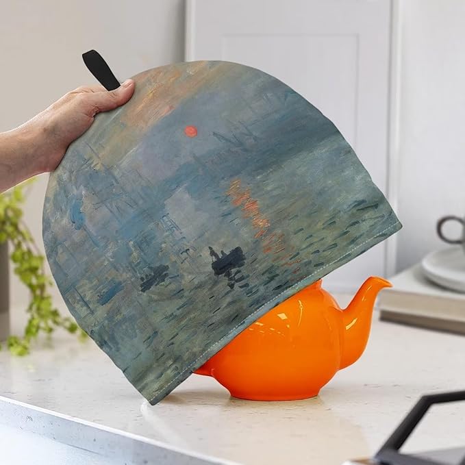 Tea Cozy for Teapots with Handle, Impression Sunrise Prinit Vintage Oil Painting Style Dust Cover, Hanging Fold-Up Design, Suitable for Kitchen and Living Room Table Decoration
