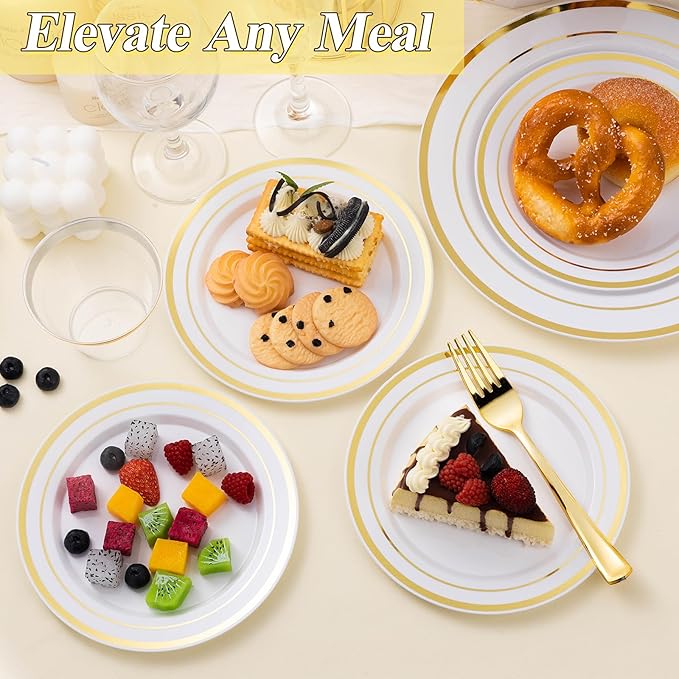 BESTSTAR 200PCS Gold Plastic Plates Set, 100 10.25 inch Dinner Plate and 100 7.5 inch Dessert Plates, Premium Disposable Plates for Party, Wedding