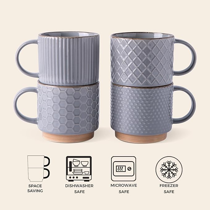 GBhome 12OZ Stackable Coffee Mugs, Ceramic Coffee Mugs with Texture Patterns for Man,Woman,Dad,Mom, Modern Coffee Cups Set of 4 for Latte/Cappuccino/Cocoa. Dishwasher&Microwave Safe, Gray