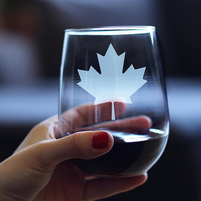 Bevvee Canada Maple Leaf Stemless Wine Glass - Canadian Flag Gifts and Decor for Women and Men - Set of 4 - Large 17 Oz Glasses