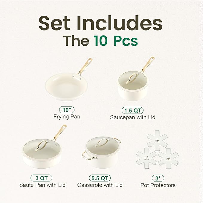 Chef Power Ceramic Cookware Sets, 10Pcs Pots and Pans Set Non Stick, Cookware Set with Stainless Steel Handle, Dishwasher & Oven Safe, Cream White and Light Gold Handle
