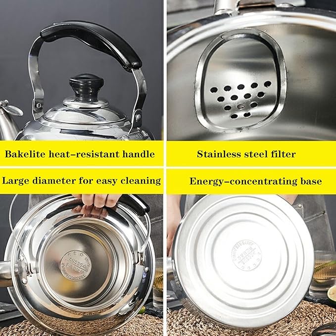 Tea kettle, 4.2 Quart Food Grade 304 Stainless Steel Tea Kettle for Stove top Whistling Teapot with Cool Touch Ergonomic Handle, Suitable for All Heat Sources(4L)