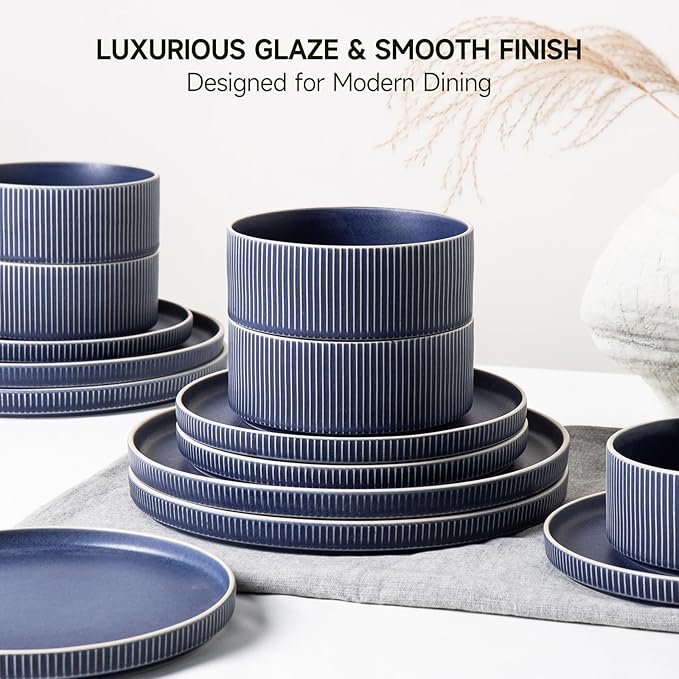 Dinnerware Set Service for 8, 24-Piece Ceramic Plates and Bowls Set, Chip & Scratch Resistant, Microwave and Dishwasher Safe, Modern Minimalist Tableware for Everyday Use, Matte Blue