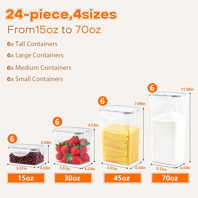 48 PCS Airtight Food Storage Container,BPA-Free Plastic Cereal Container with Lids,Perfect for Snacks Cereal Flour Meal Prep (4Size, 48 pcs)